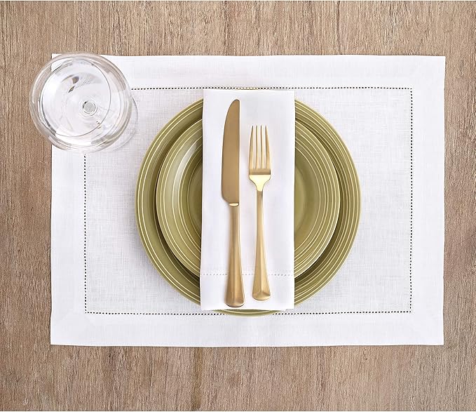 Solino Home Linen Cloth Placemats Set of 6-100% Pure Linen Hemstitch White Placemats 14 x 19 Inch - Classic Hemstitch Table Place Mats for Winter, Valentines, Holiday, New Year