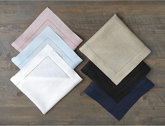 Solino Home Linen Napkins Set of 4 - Classic Hemstitch 100% Pure Linen Beige Dinner Napkins Cloth 20 x 20 Inch for New Year - Handcrafted and Machine Washable