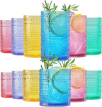 Khen Plastic Hobnail Drinking Glasses Set of 12 Bright Tones Cups 6x 10oz Lowball & 6x 1oz Highball Acrylic Beaded Design, BPA-Free, Dishwasher Safe Indoor/Outdoor Drinkware Water, Juice, Cocktails