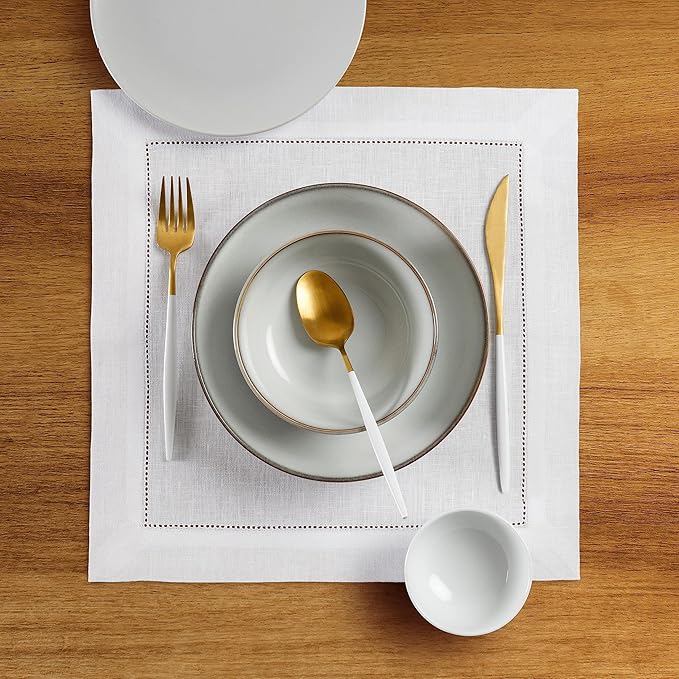 Solino Home Square Placemats Set of 4-100% Pure Linen White Cloth Placemats 14 x 14 Inch - Classic Hemstitch, Machine Washable Place Mats for Winter, New Year, Valentines, Holiday