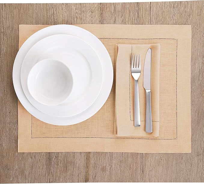 Solino Home Linen Napkins Set of 4 - Classic Hemstitch 100% Pure Linen Beige Dinner Napkins Cloth 20 x 20 Inch for New Year - Handcrafted and Machine Washable