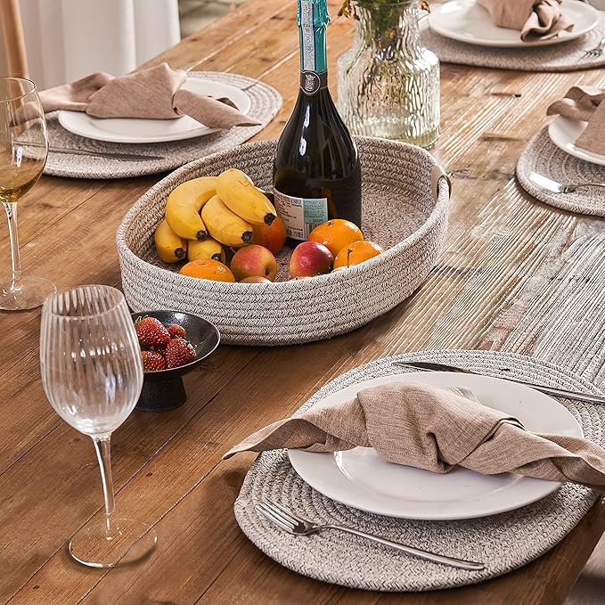 Placemats Set of 6 Oval – Woven Boho Farmhouse Table Mats for Dining Table for 6, Kitchen Decor, Washable and Handmade Rustic Table Accessories (16 * 12, Taupe Mix)