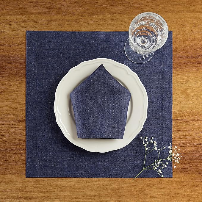 Solino Home Linen Square Placemats Set of 4 - Chambray Navy Placemats 14 x 14 Inch - 100% Pure Linen Table Mats for Winter - Athena