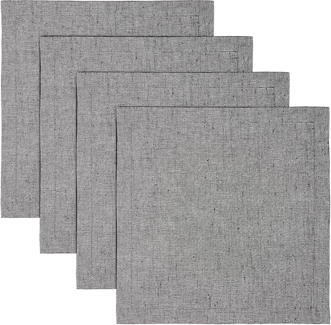 Solino Home Linen Square Placemats Set of 4 - Chambray Black Placemats 14 x 14 Inch - 100% Pure Linen Table Mats for Winter - Athena