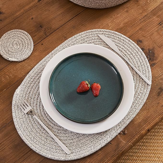Placemats Set of 6 Oval – Woven Boho Farmhouse Table Mats for Dining Table for 6, Kitchen Decor, Washable and Handmade Rustic Table Accessories (Oval Plus, Taupe Mix)