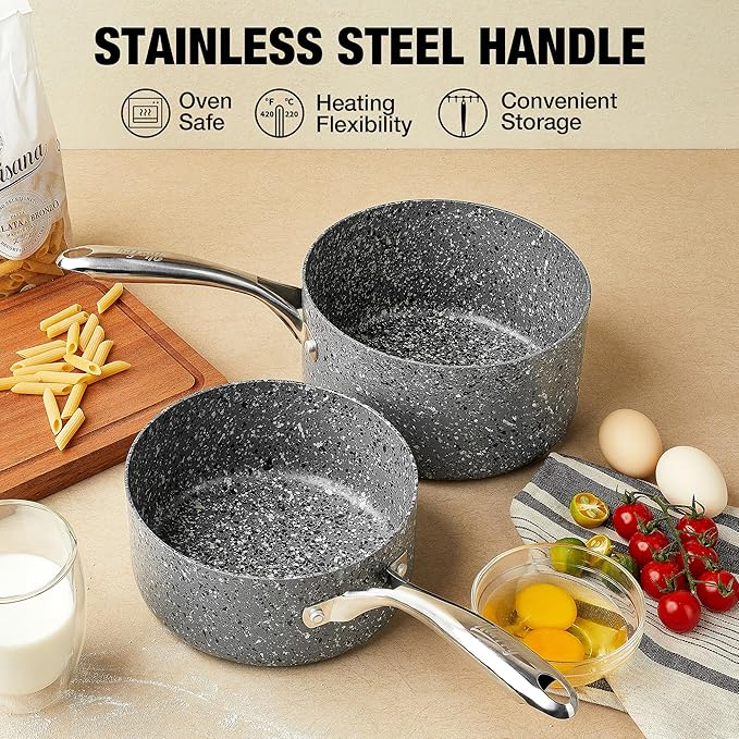 Kitchen Nonstick Saucepan Set - 1 Quart and 2 Quart Sauce Pan Set with Lid - Multipurpose Pots Set Use for Home Kitchen or Restaurant (Grey Granite)