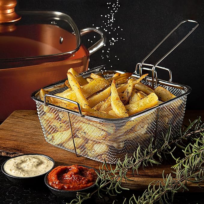 Moss & Stone 6 Pcs Copper Chef Cookware Non Stick Deep Frying Pan 9.5" x 3.5", Fry Basket, Steamer Rack, Dishwasher & Oven Safe, 5 Qt Deep Square Pot & Non Stick Pan, Induction Copper Cookware Set