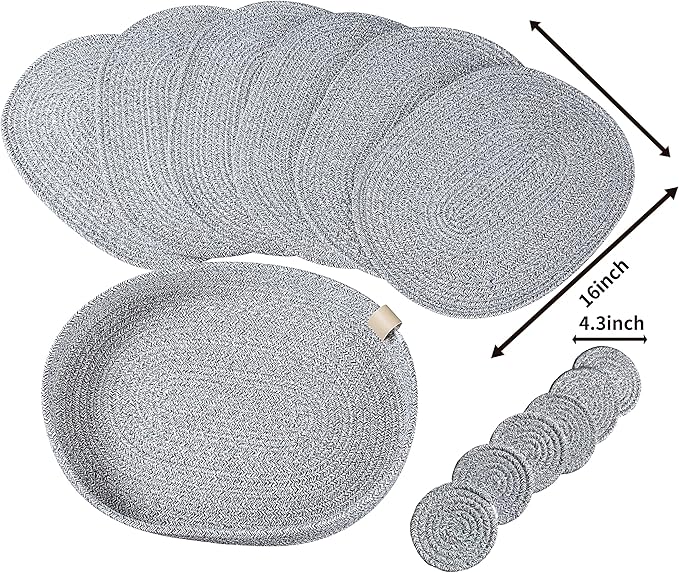 Placemats Set of 6 Oval – Woven Boho Farmhouse Table Mats for Dining Table for 6, Kitchen Decor, Washable and Handmade Rustic Table Accessories (Oval Plus, Gray Mixed)