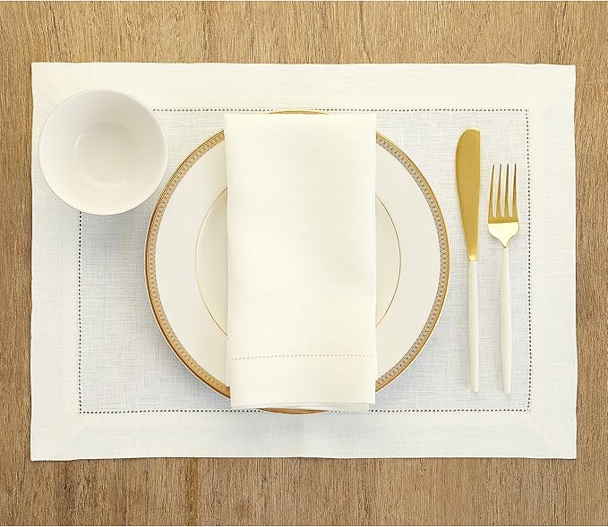 Solino Home Ivory Linen Napkins Set of 4-100% Pure Linen Hemstitch Dinner Napkins 20 x 20 Inch for Holiday, New Year - Classic Hemstitch