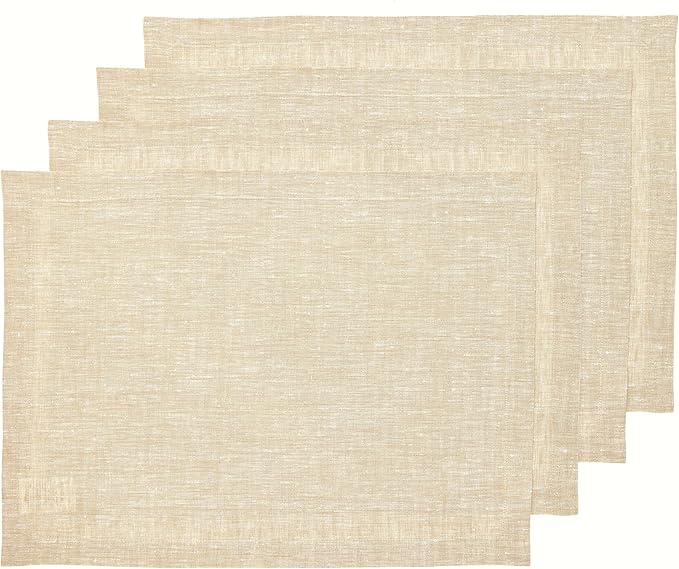 Solino Home Linen Cloth Placemats Set of 4-100% Pure Linen Champagne Beige Placemats 14 x 19 Inch for Holiday, New Year - Athena