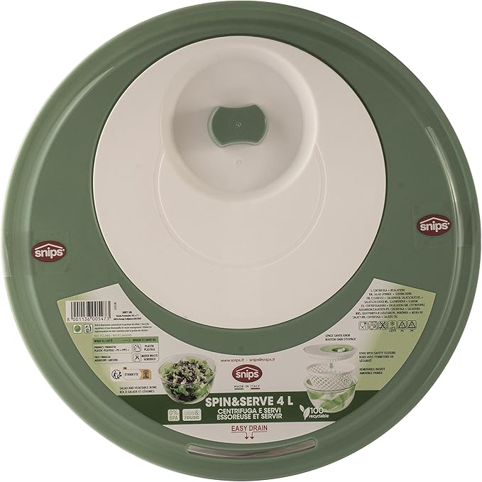 Snips Salad Spinner Spinner 4 LT | Green Colour | Made in Italy | Bpa Free, PP+San
