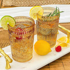 Kate Aspen Vintage Textured Amber Striped Drinking Glasses Set of 6-13 oz Ribbed Glassware with Flower Design | Cocktail Set, Juice Glass, Iced Coffee Cup