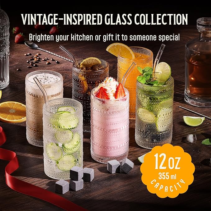 12 Oz Hobnail Drinking Glasses Set of 6 - Clear Multipurpose Glassware Sets, Decorative & Stylish Glasses Drinking Set W/Straws for Bar, Kitchen, Cocktail Glassware - Home, Dining, & Kitchen