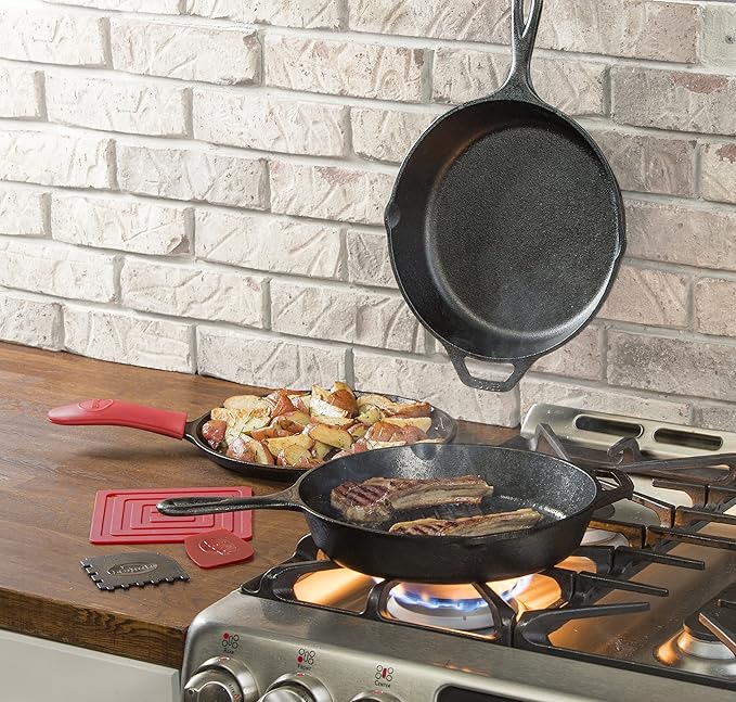 Lodge Cast Iron Set - Pre-Seasoned Kitchen Essentials Set - Skillet, Griddle & Dutch Oven Included - PFAS-Free Non-Toxic Cookware - 7-Piece Set