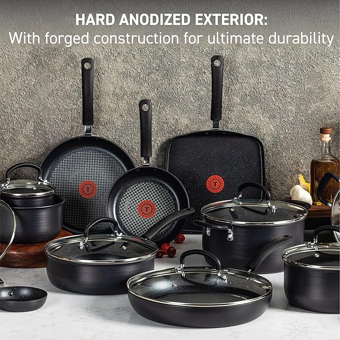 T-fal Ultimate Hard Anodized Nonstick Pots and Pans Set 14 Piece, Oven Broiler Safe 400F, Kitchen Cooking Set w/Fry Pans, Saucepans, Griddle, Dutch Oven, Dishwasher Safe, Cookware, Onyx