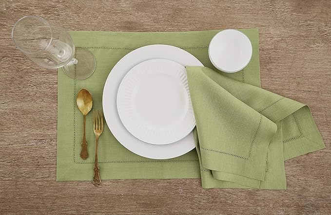 Solino Home Linen Napkins Set of 4 - Classic Hemstitch 100% Pure Linen Moss Green Dinner Napkins Cloth 20 x 20 Inch for Winter - Handcrafted and Machine Washable