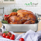 NutriChef Roasting Pan with Rack – Oven Safe Roaster w/Removable Polished Rack,Durable Warp-Resistant Bakeware, Wide Handles, Dishwasher Safe, PFOA-Free, Ideal for Turkey, Chicken, Meat & Vegetables