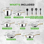 NutriChef 16 Piece Stainless Steel Cookware Set, Induction Cookware with Golden Handles - Non Stick Pots and Pans Set with lids and Utensils - PFOA/PFOS Free, Oven Safe, & Easy to Clean