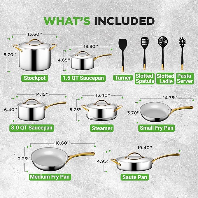 NutriChef 16 Piece Stainless Steel Cookware Set, Induction Cookware with Golden Handles - Non Stick Pots and Pans Set with lids and Utensils - PFOA/PFOS Free, Oven Safe, & Easy to Clean