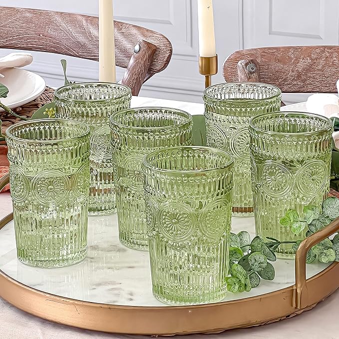 Kate Aspen Vintage Ribbed Green Drinking Glasses Set of 6-13 oz Colored Embossed Glass Cups for Water, Iced Tea, Cocktails - Perfect Holiday Drinkware, Christmas Entertaining & Gift Set