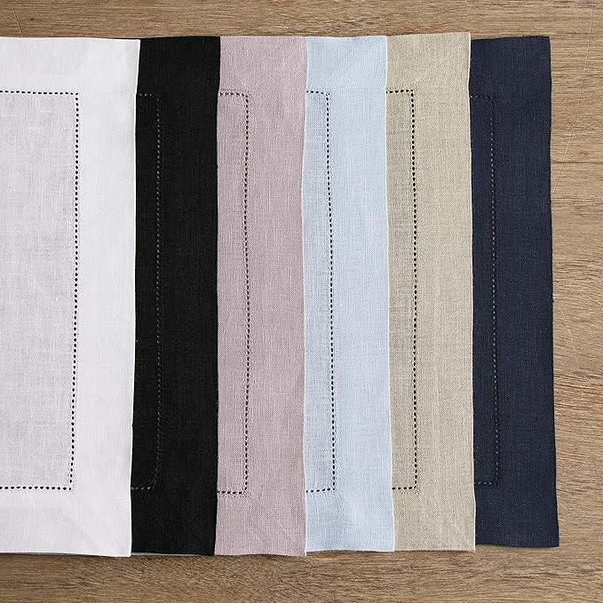Solino Home Linen Cloth Placemats Set of 6-100% Pure Linen Hemstitch Pink Placemats 14 x 19 Inch - Classic Hemstitch Table Place Mats for Valentines