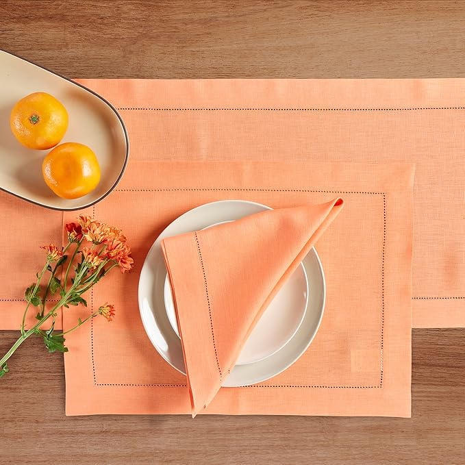 Solino Home Linen Cloth Placemats Set of 4-100% Pure Linen Hemstitch Coral Placemats 14 x 19 Inch - Classic Hemstitch Table Place Mats for Valentines