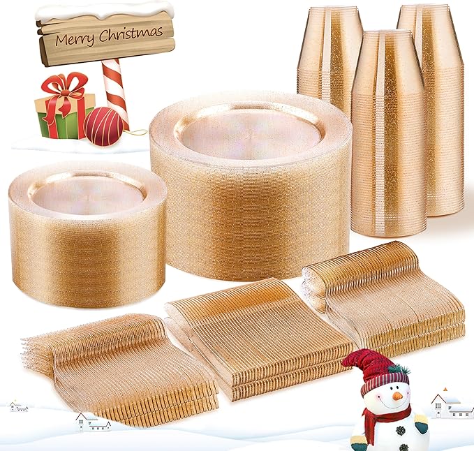 WELLIFE 450 PCS Gold Glitter Disposable Dinnerware Set for 75 Guests, Plastic Plates for Party, Including 75 Dinner & Salad Plates, Cups, Forks Knives Spoons for Wedding and Party Supplies