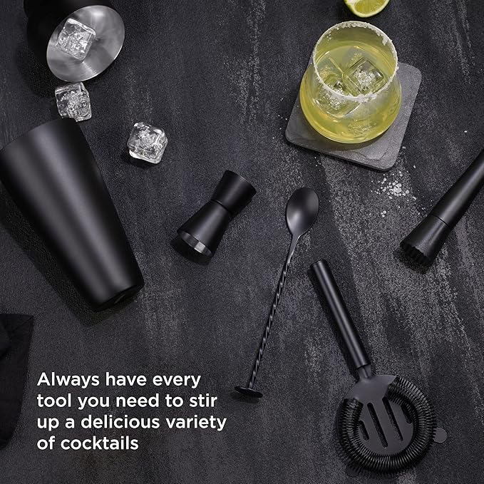 Houdini Noir 5 Piece Bar Tool Set - Stainless Steel Cocktail Shaker, Jigger, Strainer, Muddler and Mixing Spoon with Sleek Black Finish for Home Bar