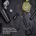 Houdini Noir 5 Piece Bar Tool Set - Stainless Steel Cocktail Shaker, Jigger, Strainer, Muddler and Mixing Spoon with Sleek Black Finish for Home Bar