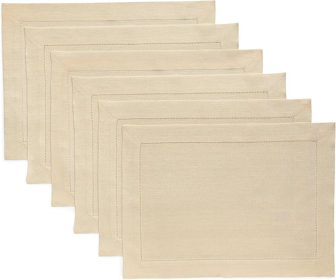 Solino Home Linen Cloth Placemats Set of 6-100% Pure Linen Hemstitch Beige Placemats 14 x 19 Inch - Classic Hemstitch Table Place Mats