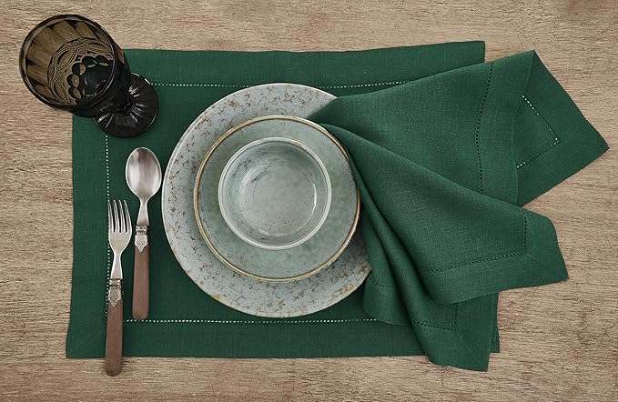 Solino Home Linen Napkins Set of 4 - Classic Hemstitch 100% Pure Linen Rainforest Green Dinner Napkins Cloth 20 x 20 Inch for Fall, Thanksgiving, Christmas, Holiday - Handcrafted and Machine Washable