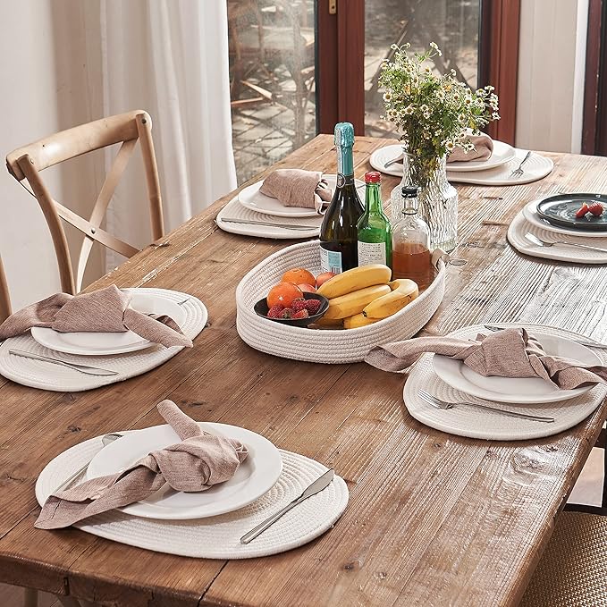 Placemats Set of 6 Oval – Woven Boho Farmhouse Table Mats for Dining Table for 6, Kitchen Decor, Washable and Handmade Rustic Table Accessories (Oval, Off White)