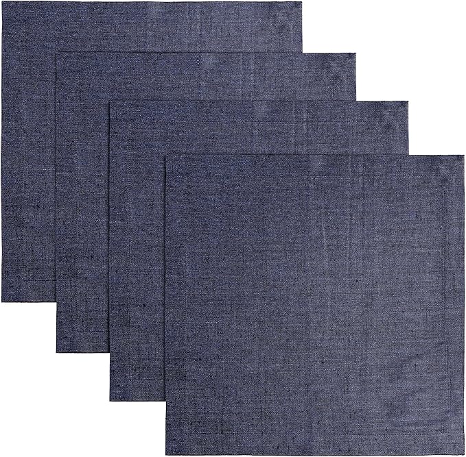 Solino Home Linen Square Placemats Set of 4 - Chambray Navy Placemats 14 x 14 Inch - 100% Pure Linen Table Mats for Winter - Athena