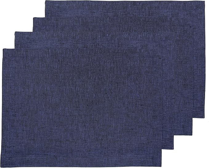 Solino Home Linen Cloth Placemats Set of 4-100% Pure Linen Chambray Navy Placemats 14 x 19 Inch for Holiday, Winter, New Year - Athena