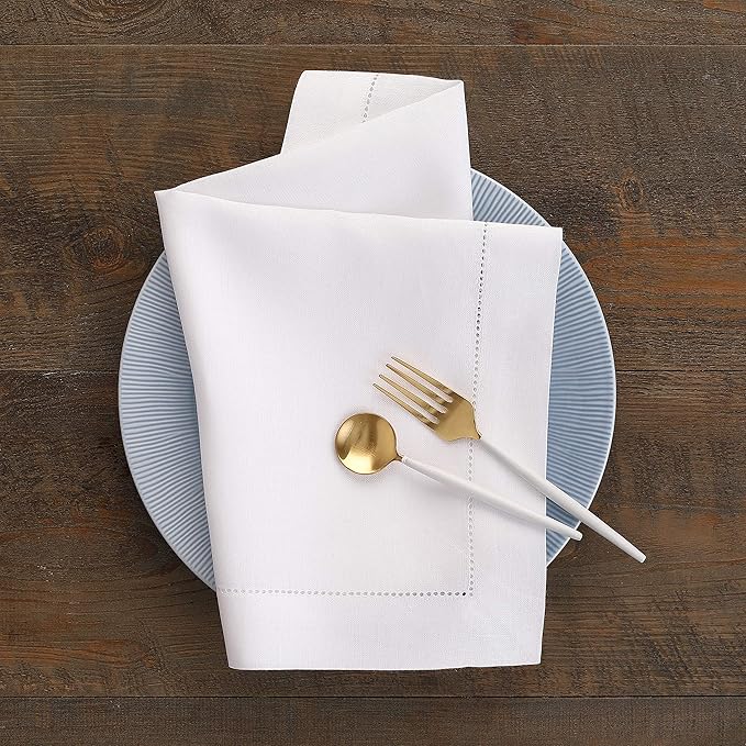 Solino Home White Linen Napkins Set of 4-100% Pure Linen Hemstitch Dinner Napkins 20 x 20 Inch for Winter, Valentines, Holiday, New Year - Classic Hemstitch