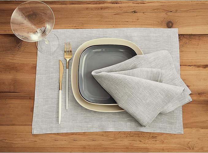 Solino Home Linen Placemats Set of 6 - Oyster Grey Placemats 14 x 19 Inch - 100% Pure Linen Table Mats - Athena