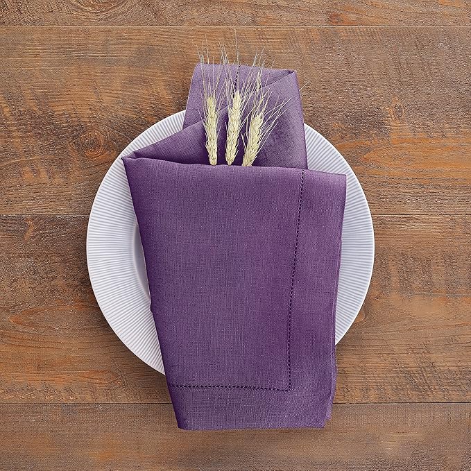 Solino Home Purple Linen Napkins Set of 6-100% Pure Linen Hemstitch Dinner Napkins 20 x 20 Inch for Valentines, New Year - Classic Hemstitch