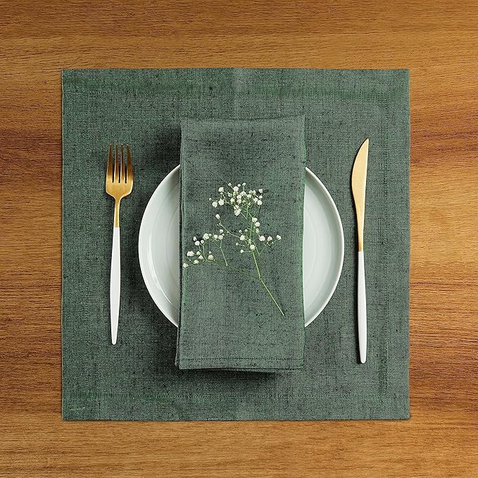 Solino Home Linen Square Placemats Set of 4 - Forest Green Placemats 14 x 14 Inch - 100% Pure Linen Table Mats for Winter, New Year - Athena